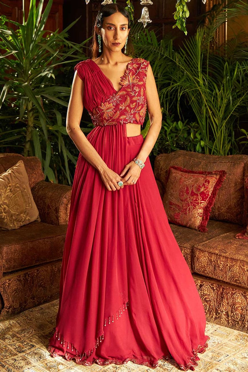 Deep Red Draped blouse embroidered georgette skirt set – Shreeka