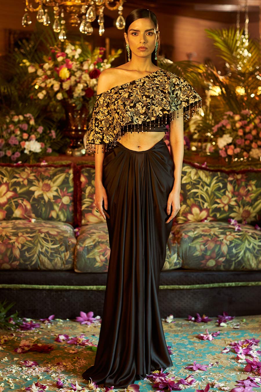 Black satin embroidered draped skirt set – Shreeka - Main Image