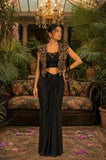 Black Satin Embroidered  Jacket drape Skirt Set