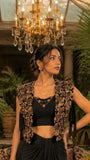 Black Satin Embroidered  Jacket drape Skirt Set