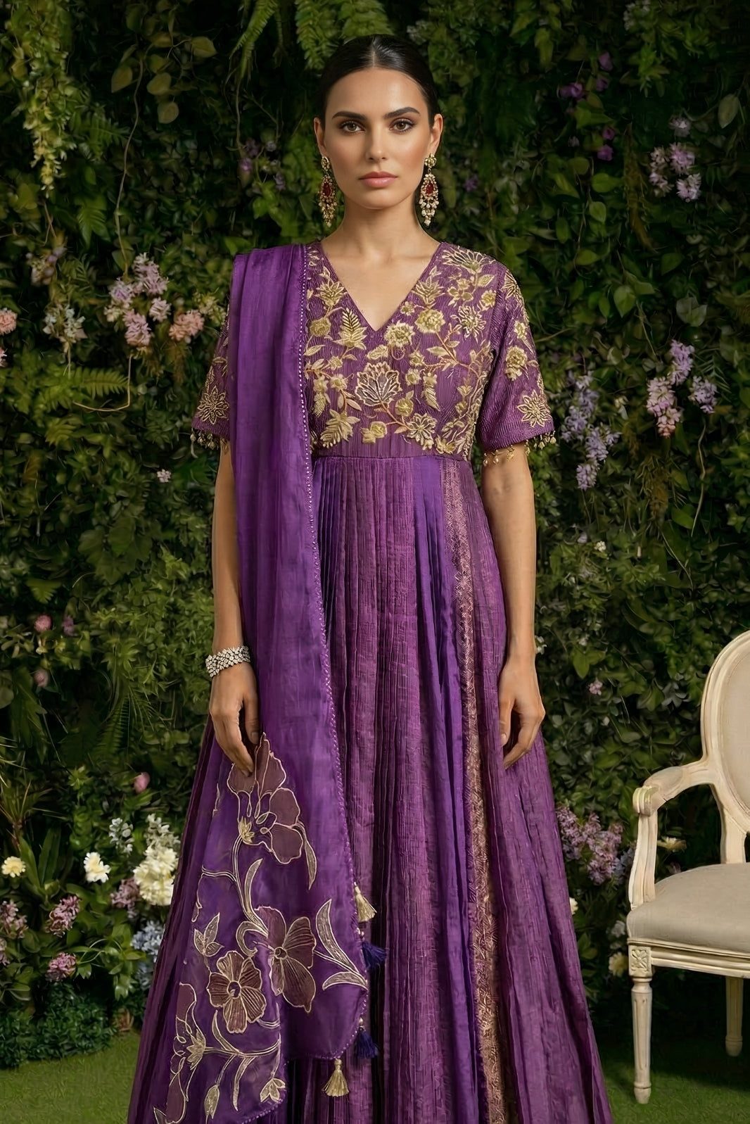 Purple V-Neck Anarkali set