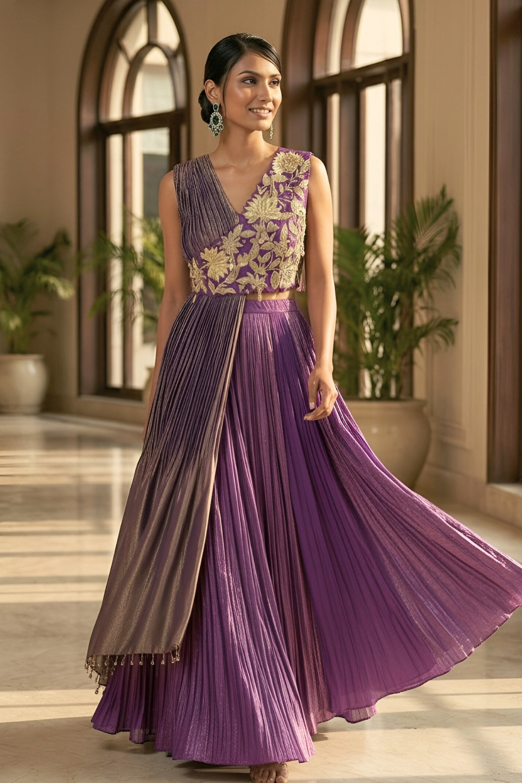 Purple  Draped blouse embroidered georgette skirt set