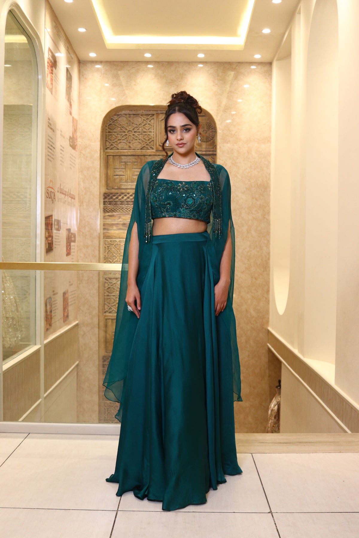 Emerald Green Skirt And Cape Set