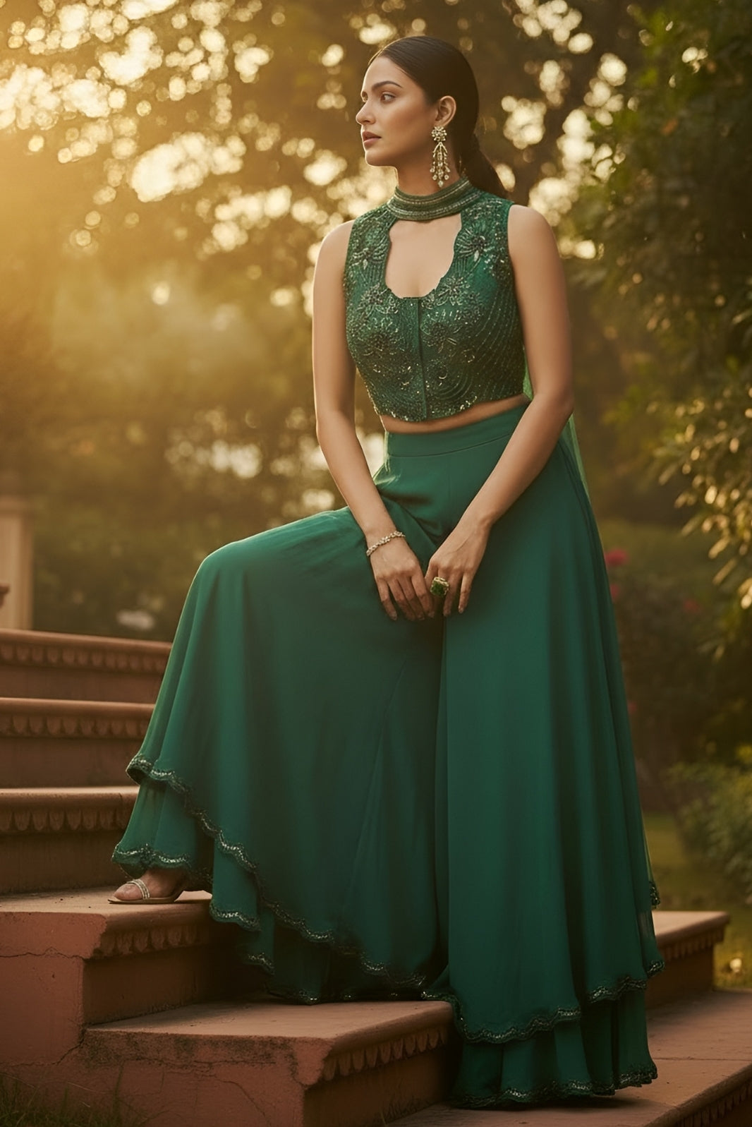 Emerald Green Organza & Gerogette Sharara set