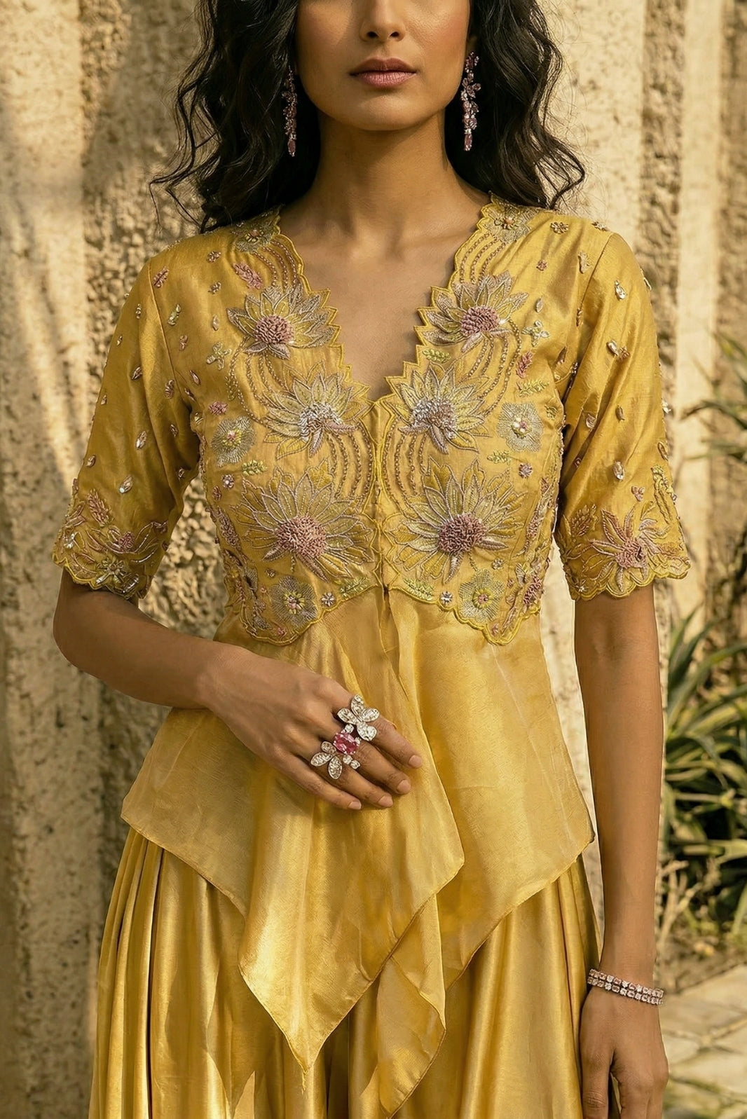 Yellow  banarasi tissue peplum set