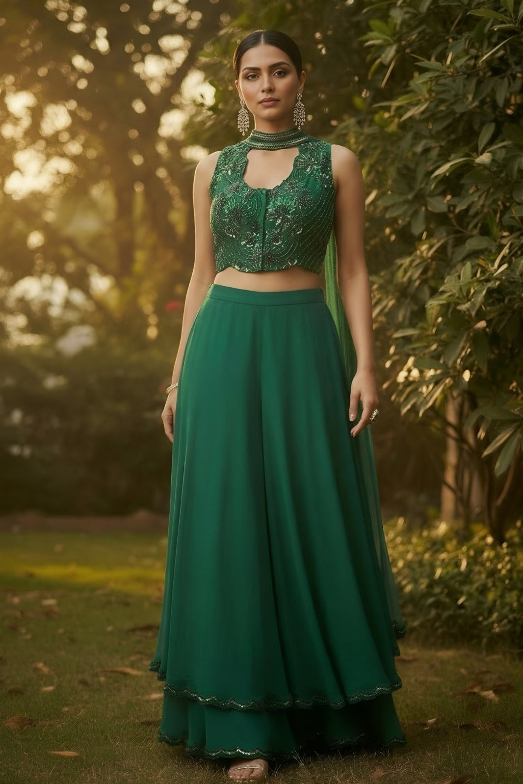 Emerald Green Organza & Gerogette Sharara set
