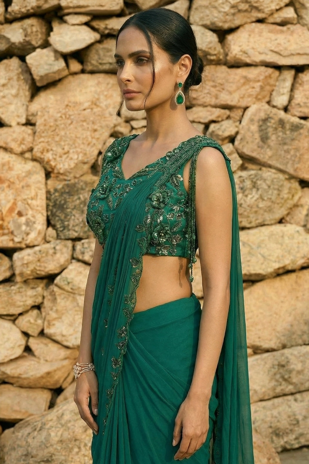 Emerald Green Organza & Gerogette Drape Saree set