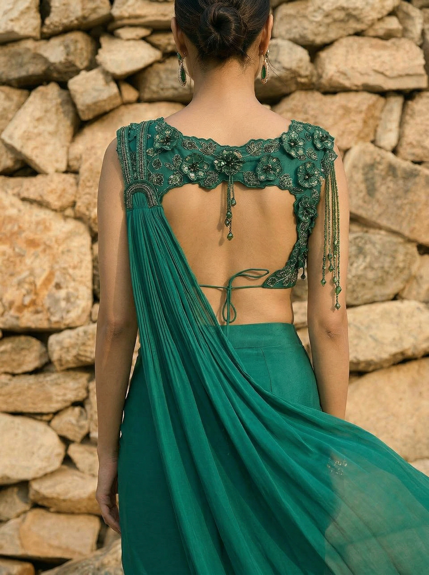 Emerald Green Organza & Gerogette Drape Saree set