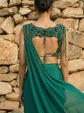 Emerald Green Organza & Gerogette Drape Saree set