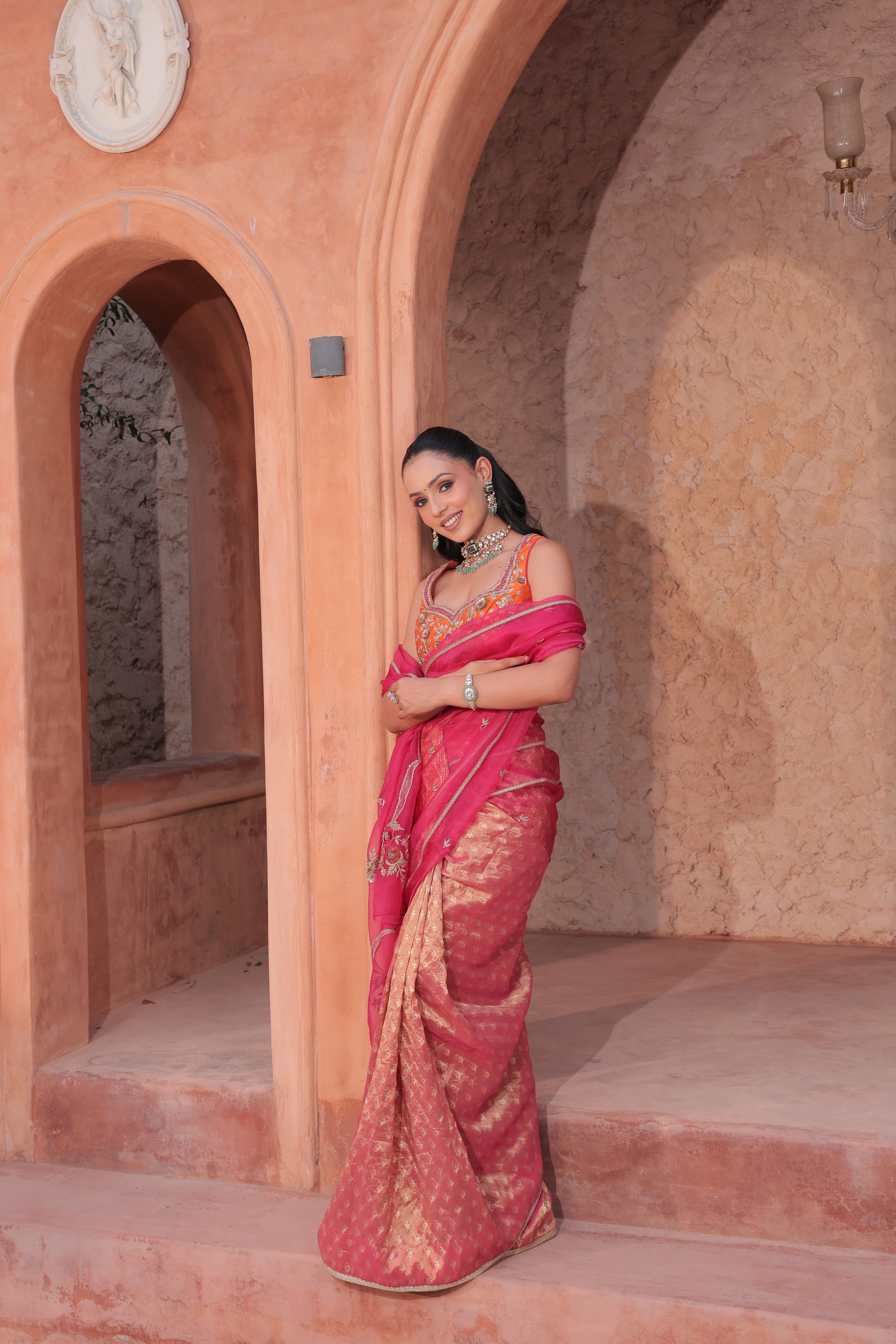 Magenta Pink Banarasi Tissue And Silk Organza Saree