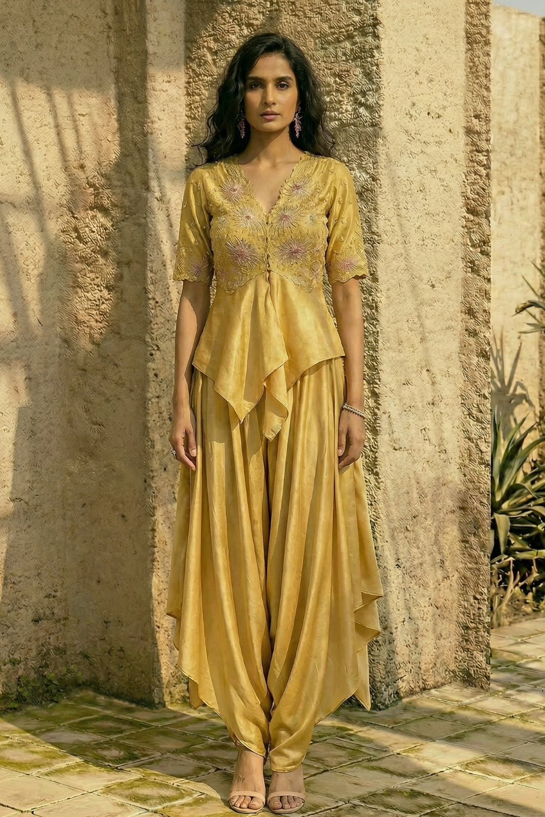 Yellow  banarasi tissue peplum set