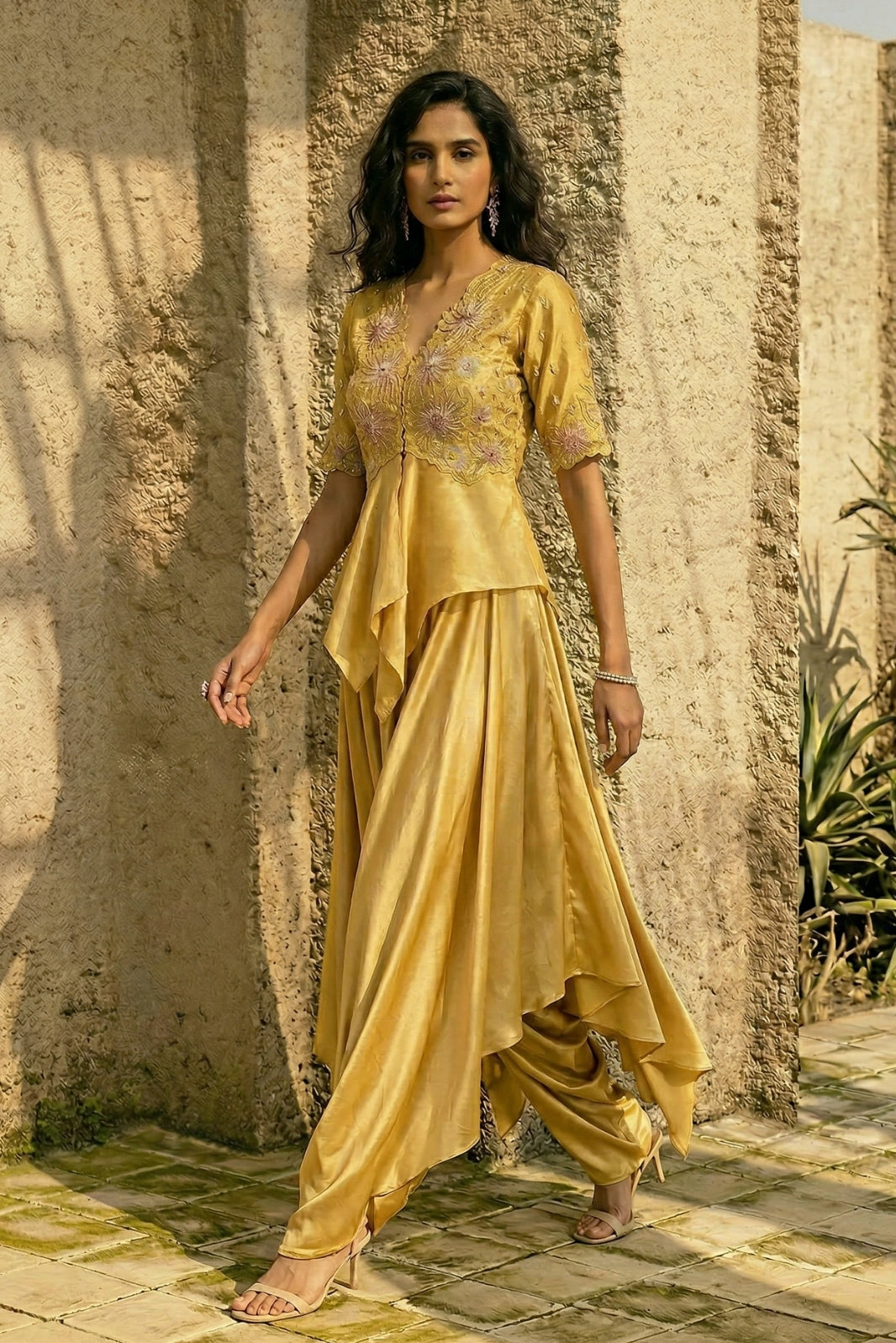 Yellow  banarasi tissue peplum set