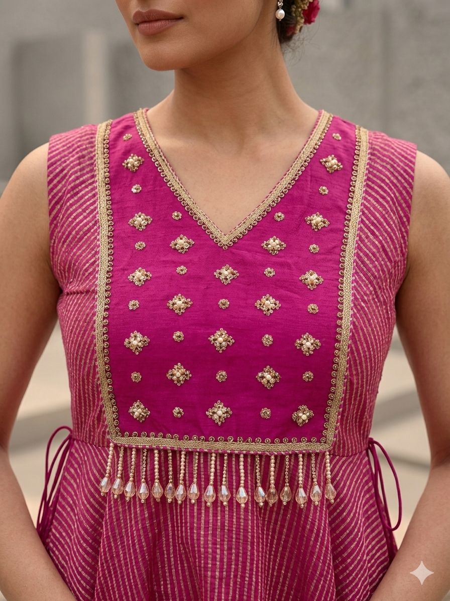 Magenta Tissue Peplum With Sharara Set