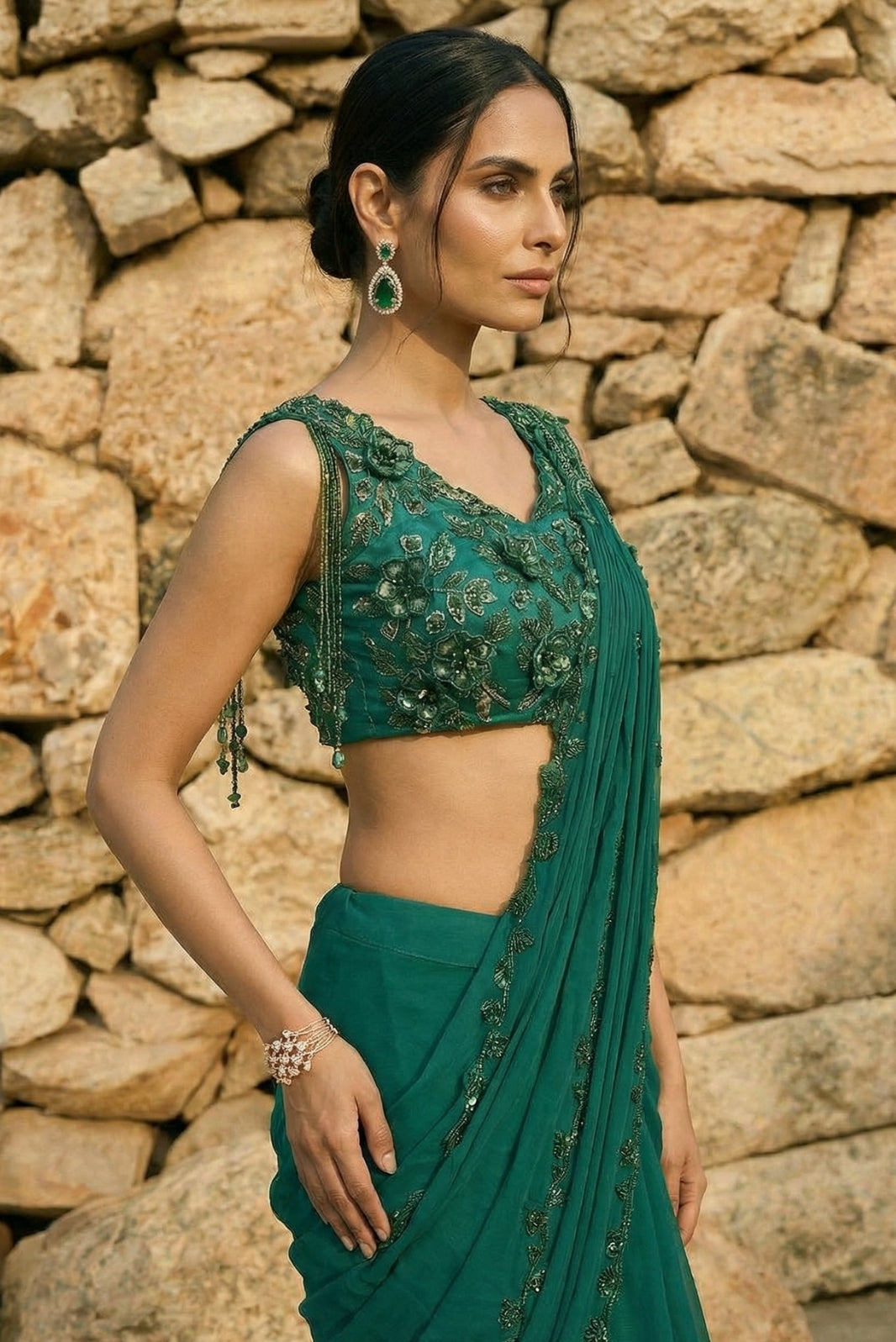 Emerald Green Organza & Gerogette Drape Saree set