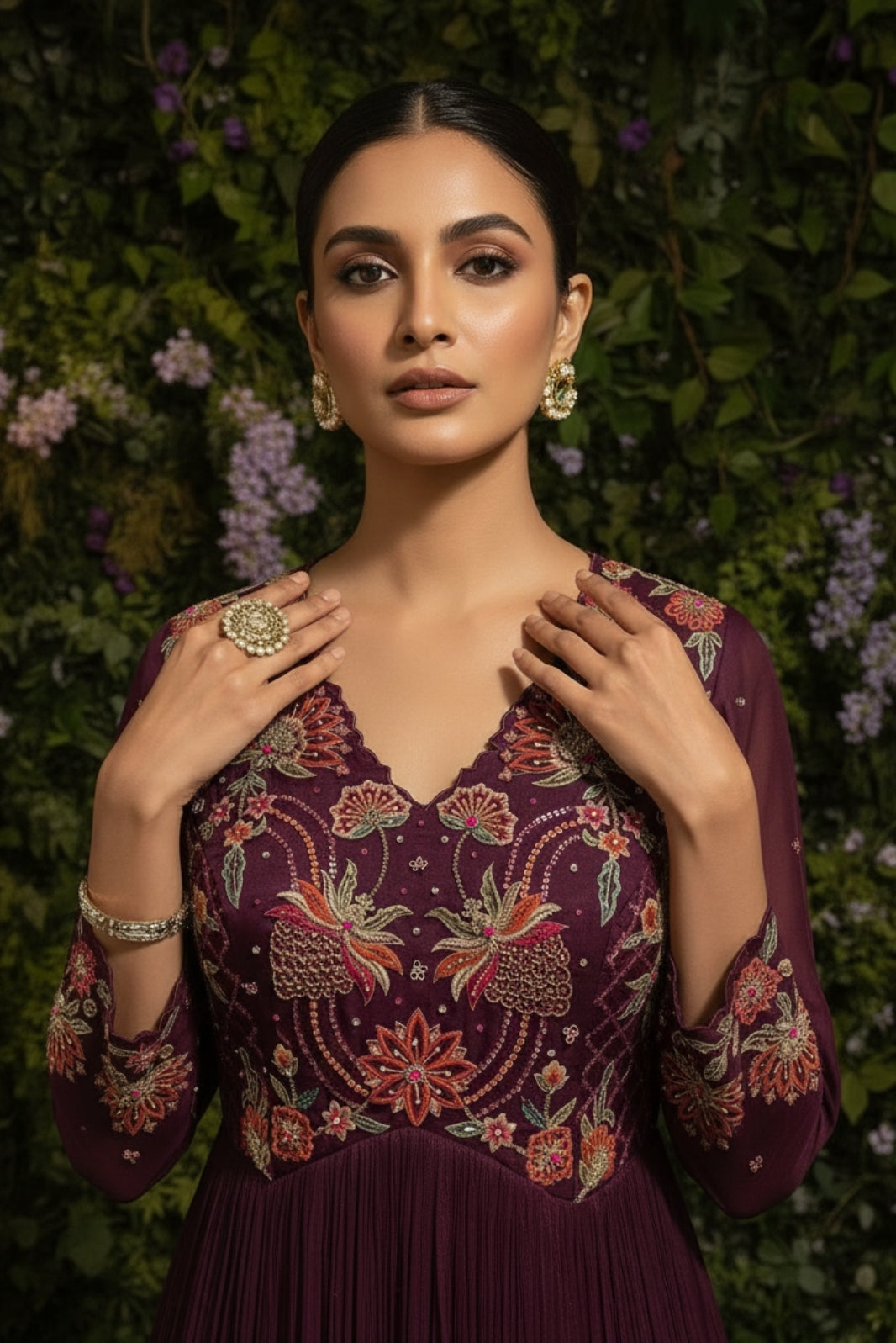 Wine Multi Resham Anarkali