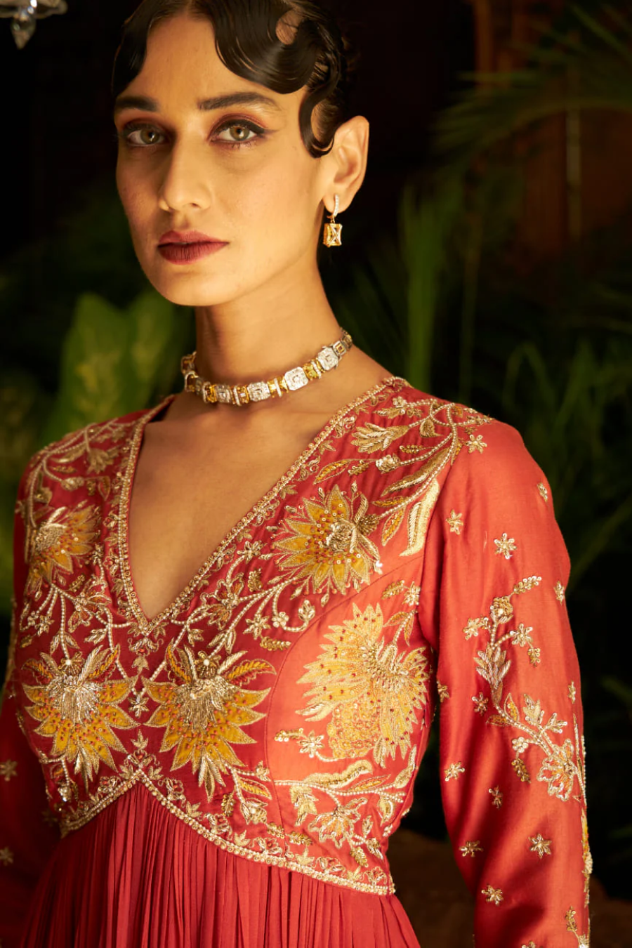 Rust Chanderi & Georgette Embroidered Anarkali Set