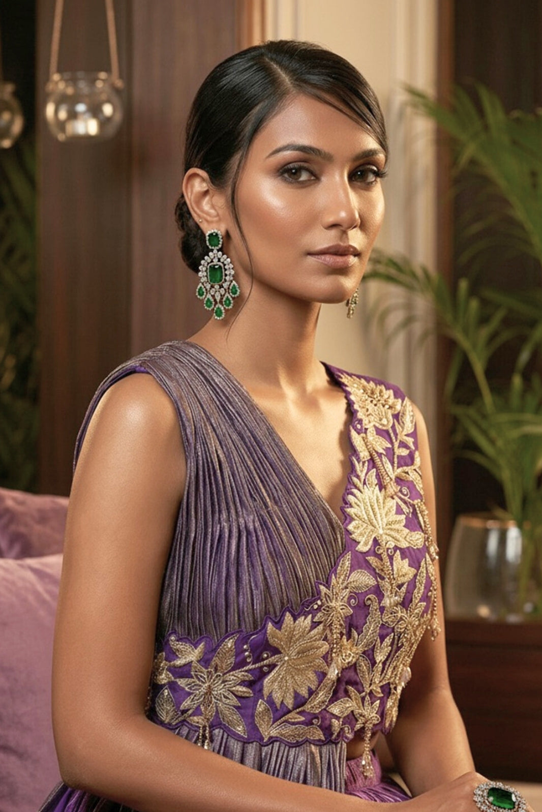 Purple  Draped blouse embroidered georgette skirt set