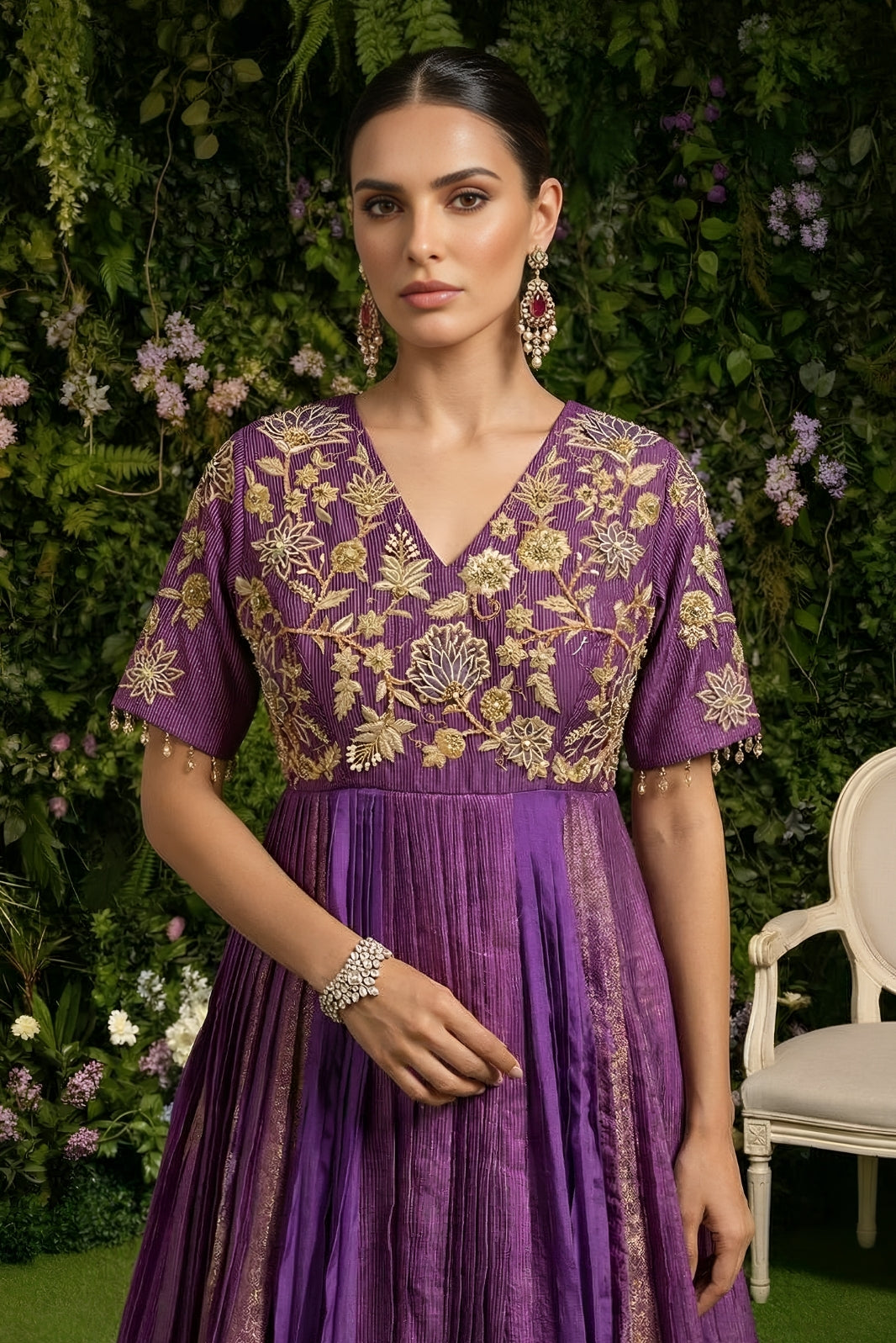 Purple V-Neck Anarkali set