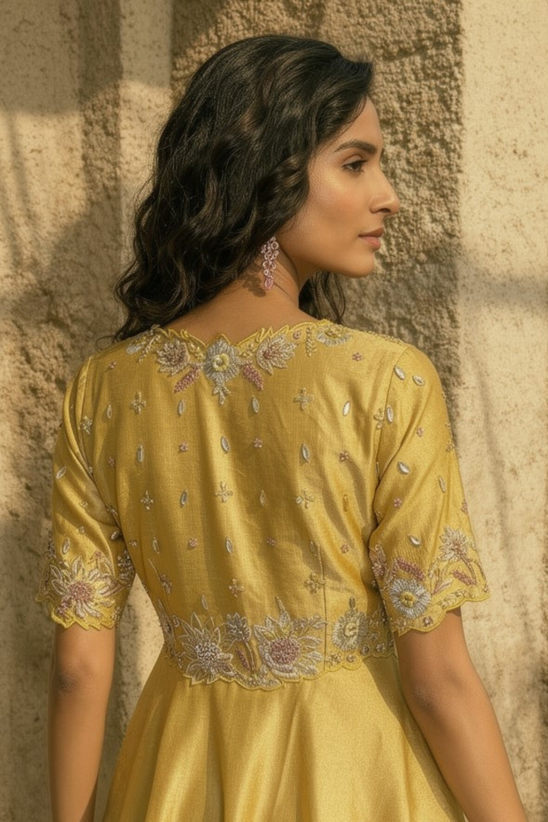 Yellow  banarasi tissue peplum set
