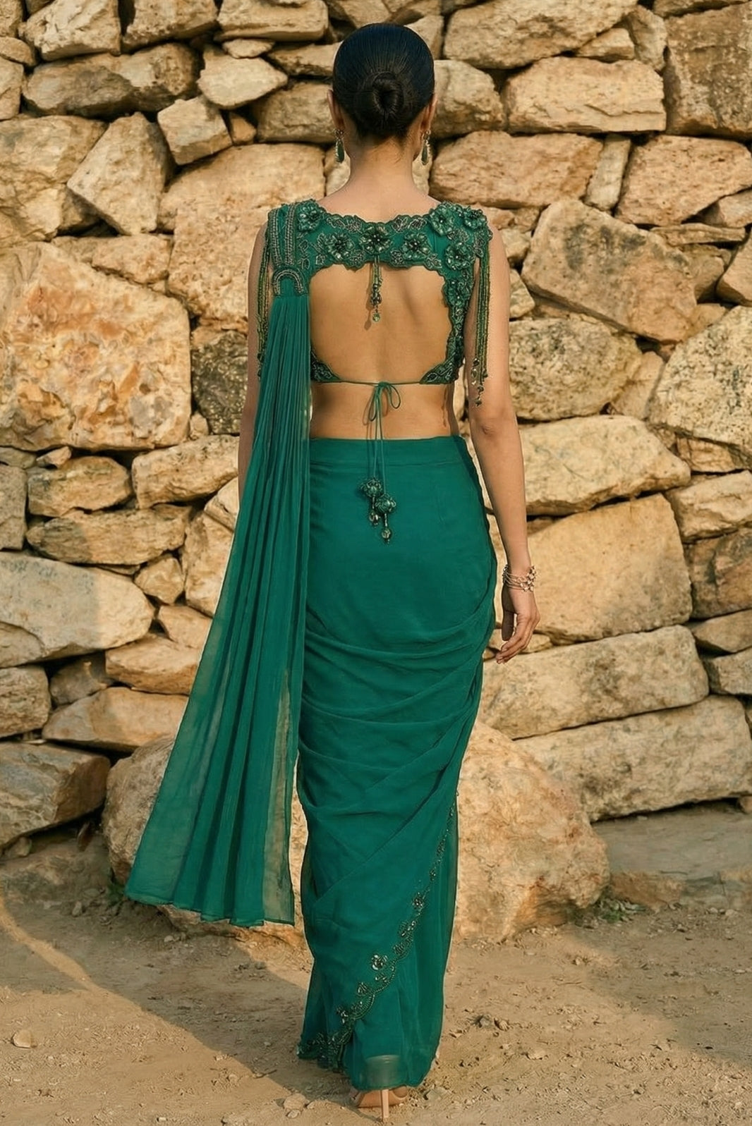 Emerald Green Organza & Gerogette Drape Saree set