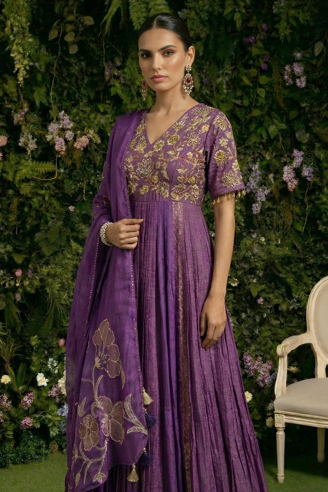 Purple V-Neck Anarkali set