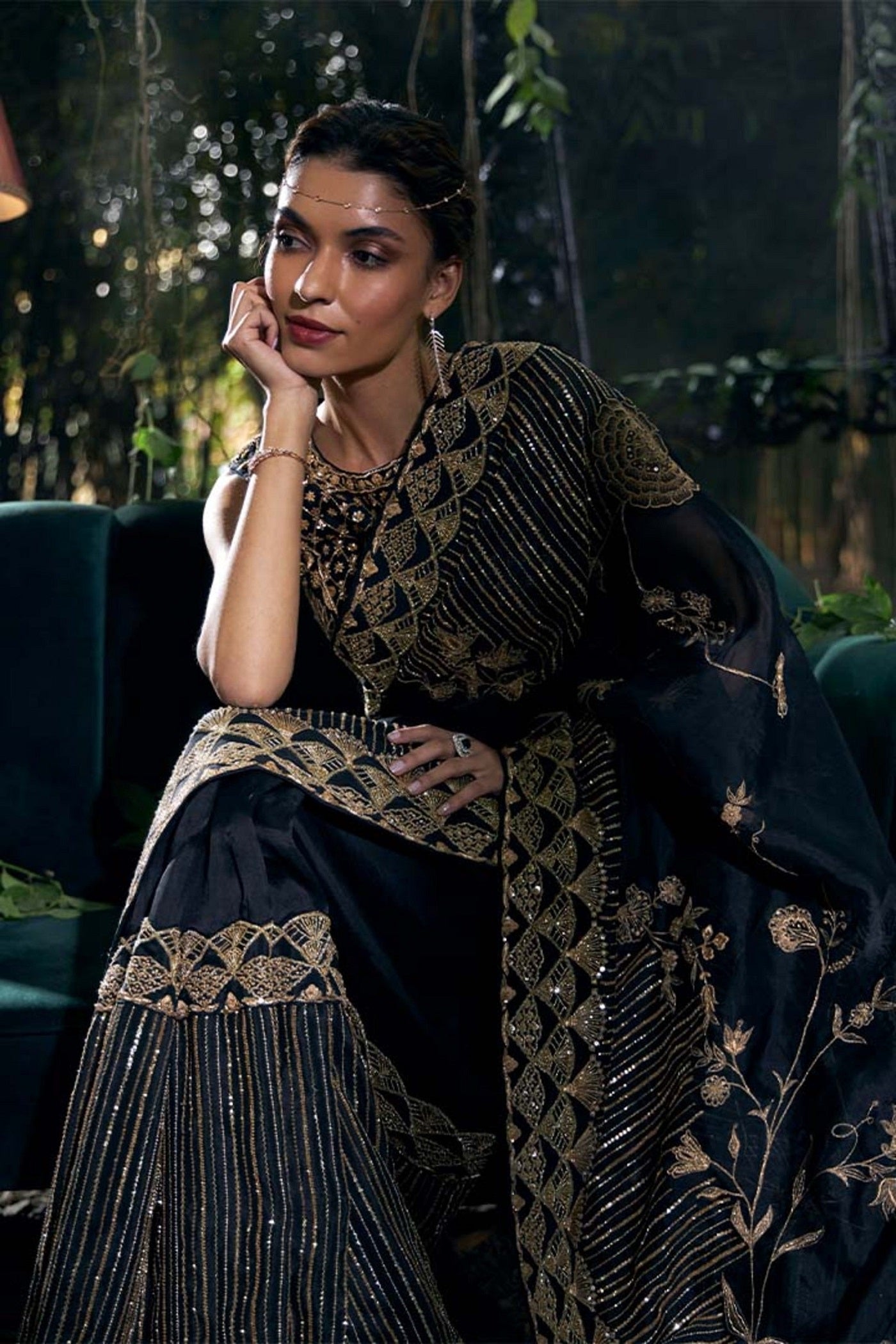 Black  and gold Organza Silk Hand Embroidered Saree Set