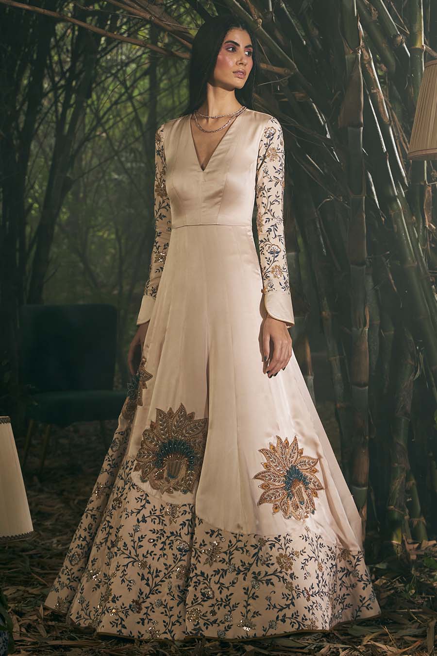 Beige Satin Georgette Screen Printed & Embroidered Anarkali Set