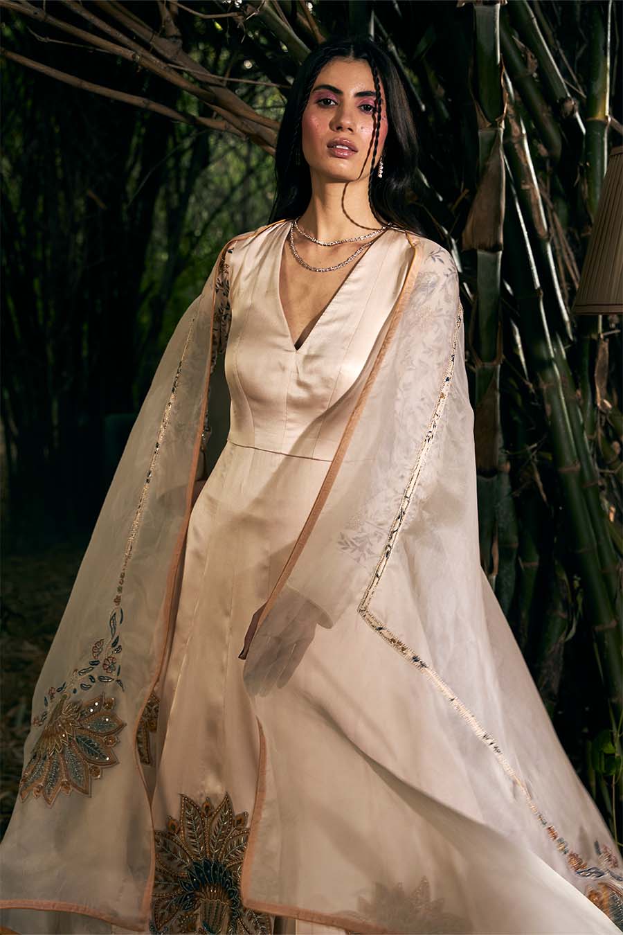 Beige Satin Georgette Screen Printed & Embroidered Anarkali Set