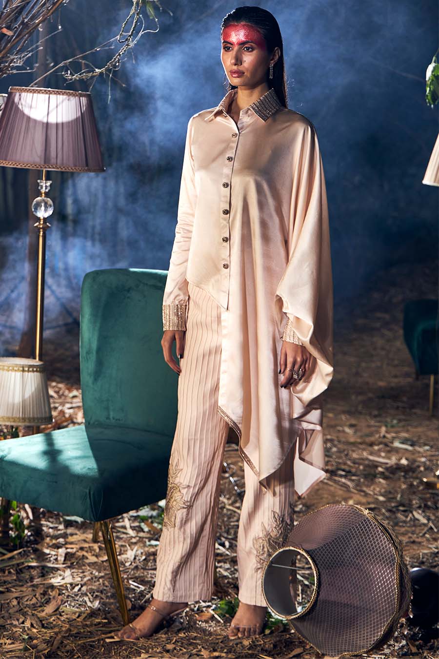 Beige Satin Georgette Embroidered Co-Ord Set