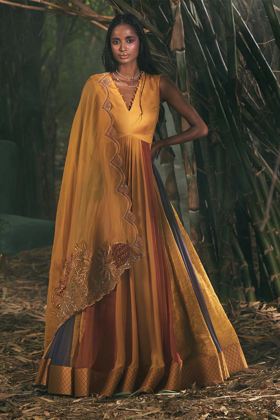 Mustard anarkali with bold embroidered scallop dupatta