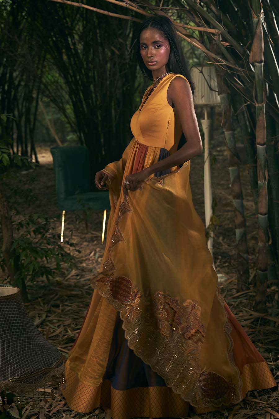Mustard anarkali with bold embroidered scallop dupatta