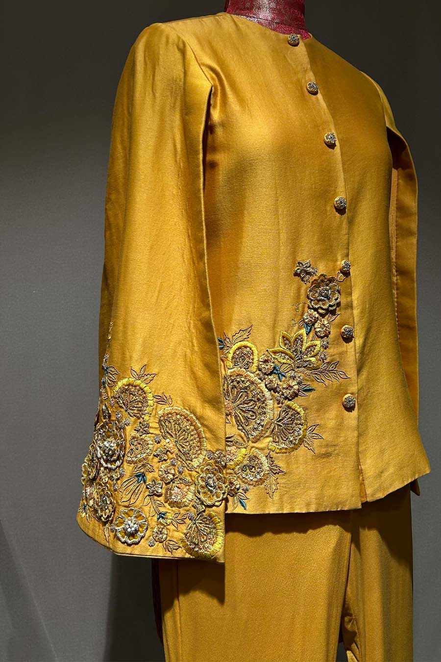 Mustard Chanderi Silk Hand Embroidered Cape Jacket Set