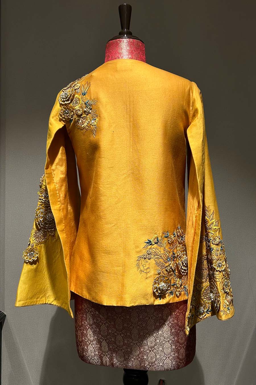 Mustard Chanderi Silk Hand Embroidered Cape Jacket Set