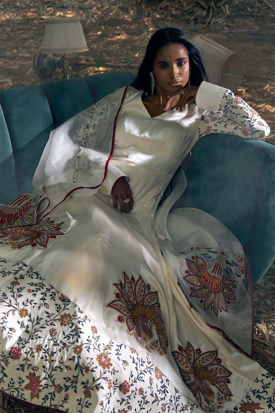 Ivory Satin Georgette Embroidered Anarkali Set