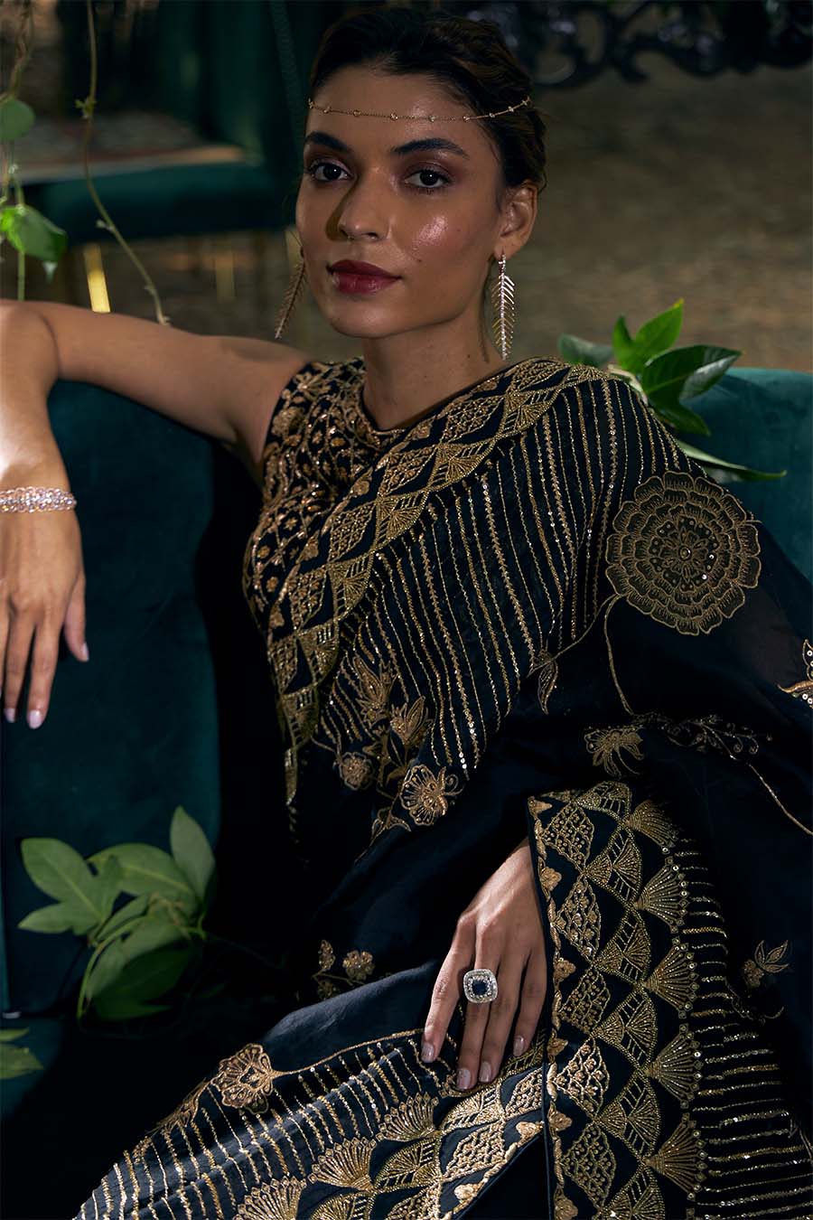 Black  and gold Organza Silk Hand Embroidered Saree Set