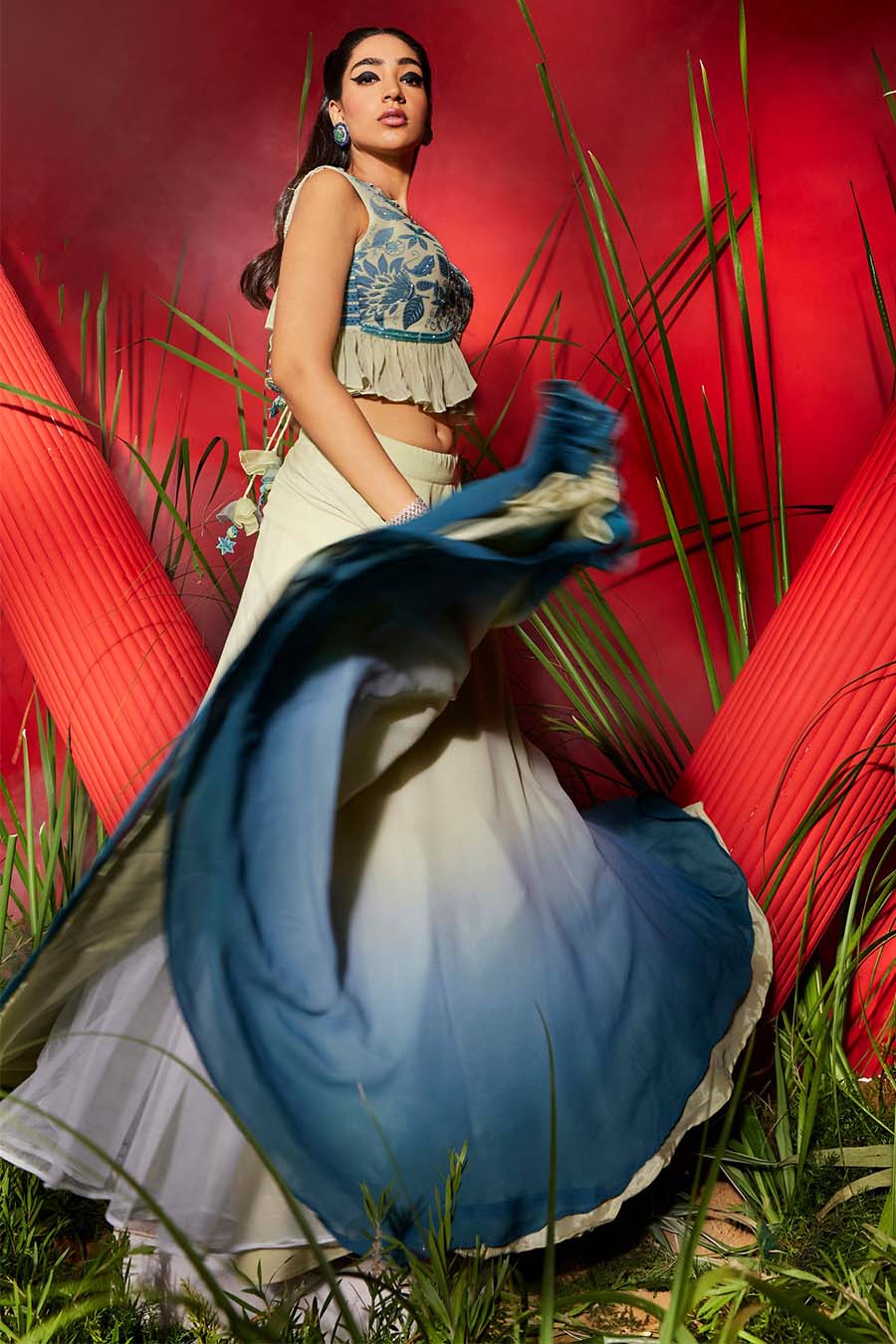 Ombre embroidered ruffled crop top and skirt set