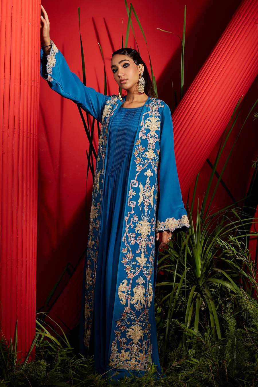 Teal Crepe Silk Embroidered Jacket Set
