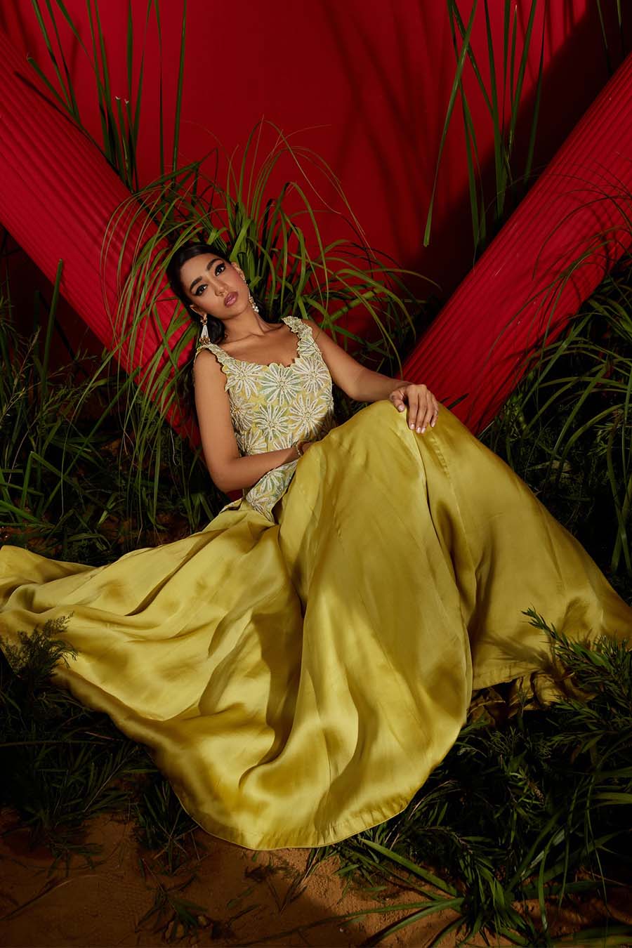 Lime Green Satin Organza Embroidered Skirt Set