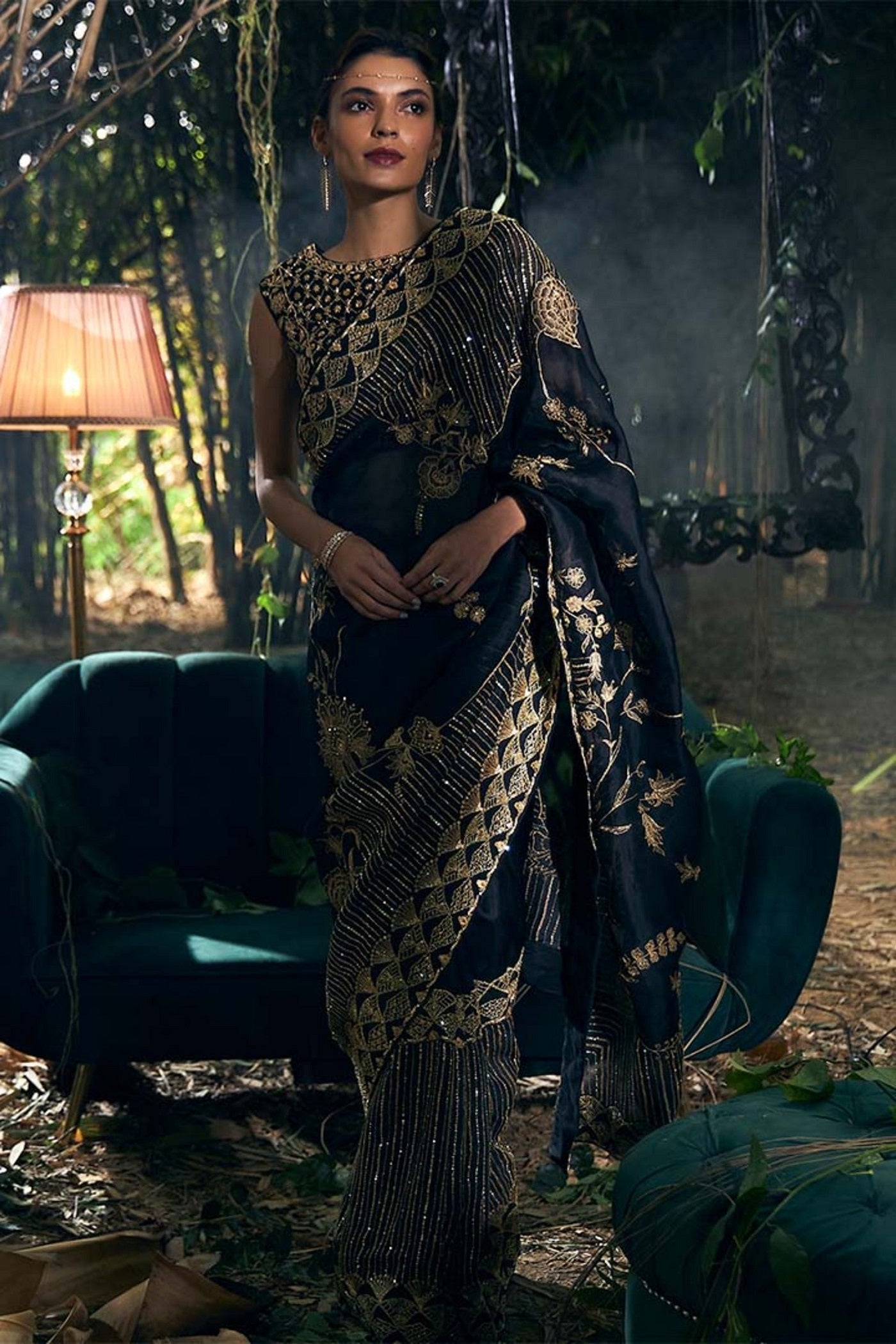 Black  and gold Organza Silk Hand Embroidered Saree Set