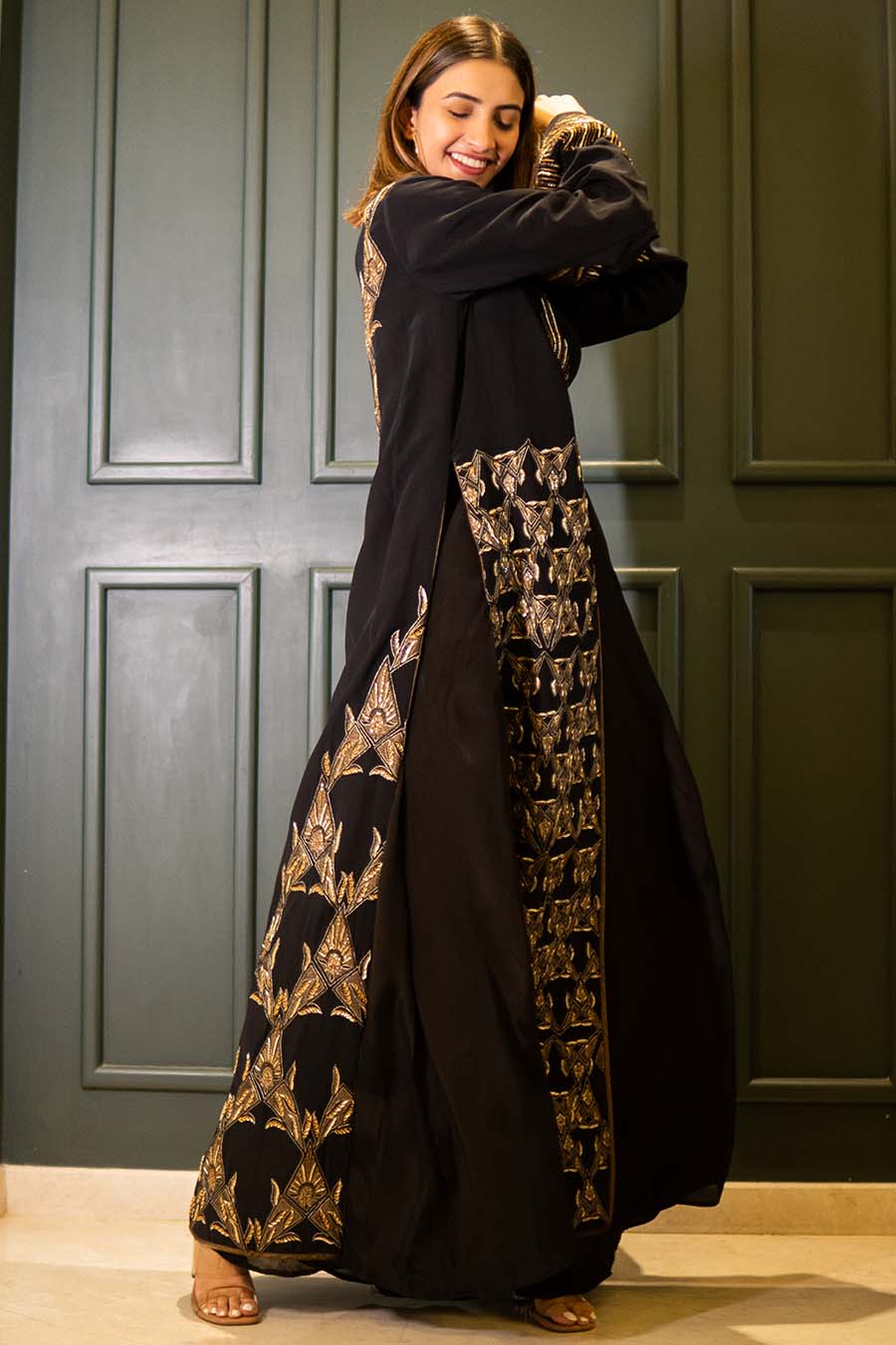 Black and Gold Crepe Silk Embroidered Jacket Set
