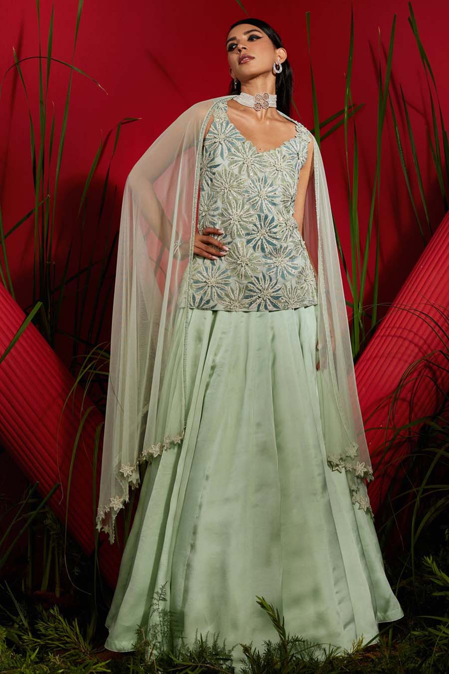 Mint georgette and satin organza embroidered kurti & skirt set