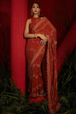 Rust Silk Georgette Printed & Embroidered Saree Set
