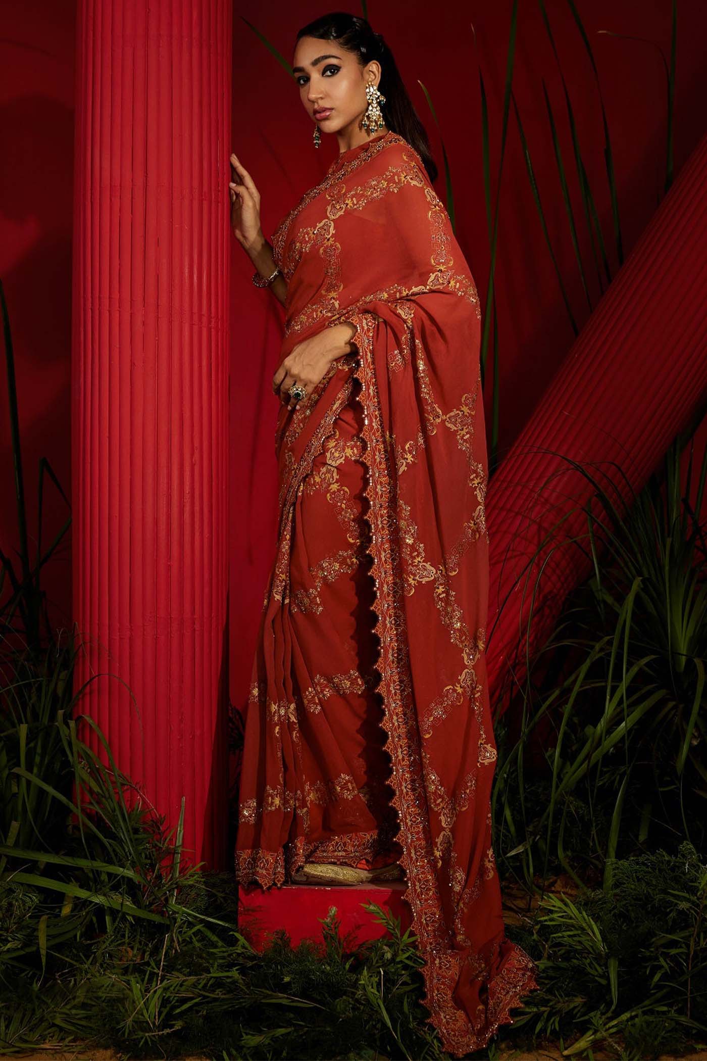 Rust Silk Georgette Printed & Embroidered Saree Set