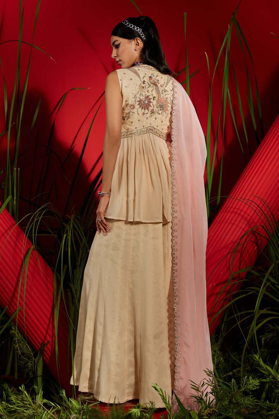 Beige Georgette Embroidered Peplum Sharara Set