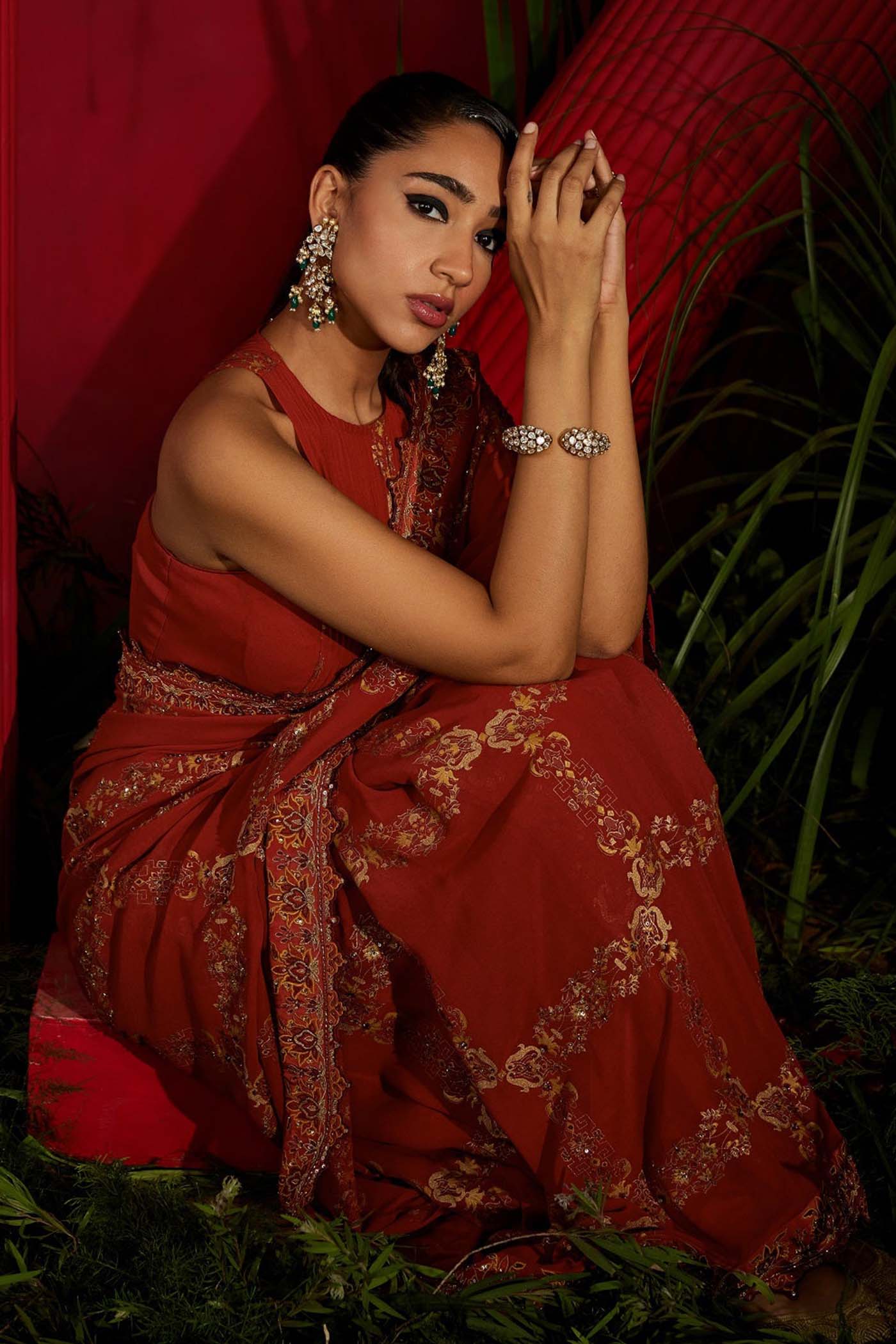 Rust Silk Georgette Printed & Embroidered Saree Set