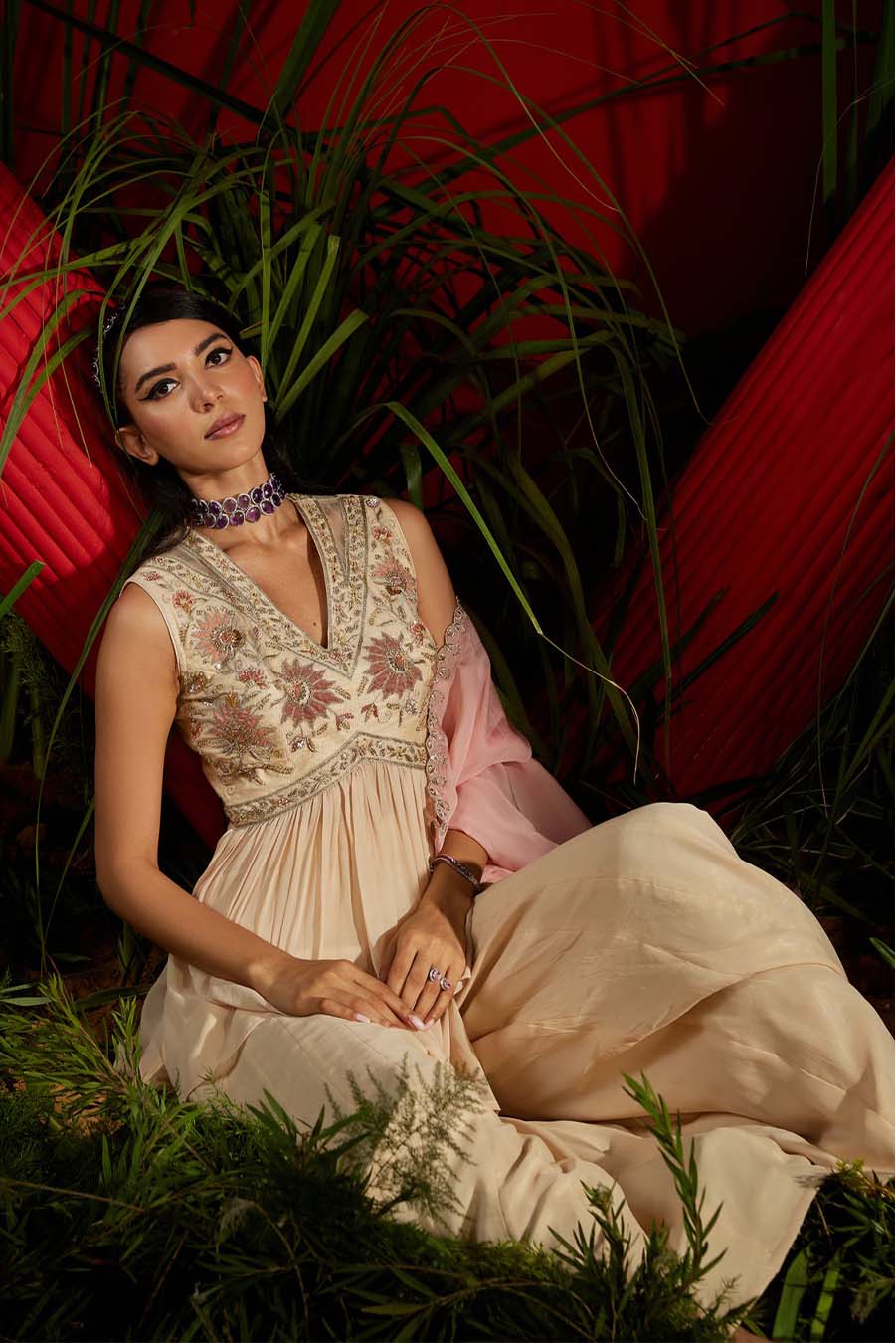Beige Georgette Embroidered Peplum Sharara Set