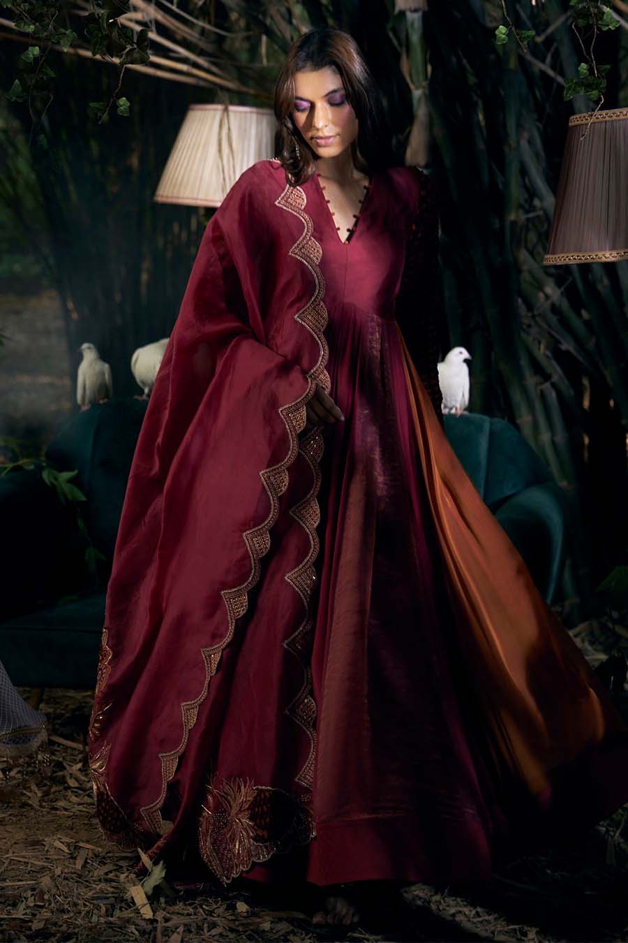 Deep Red Crepe Silk & Chiffon Silk Embroidered Anarkali Set