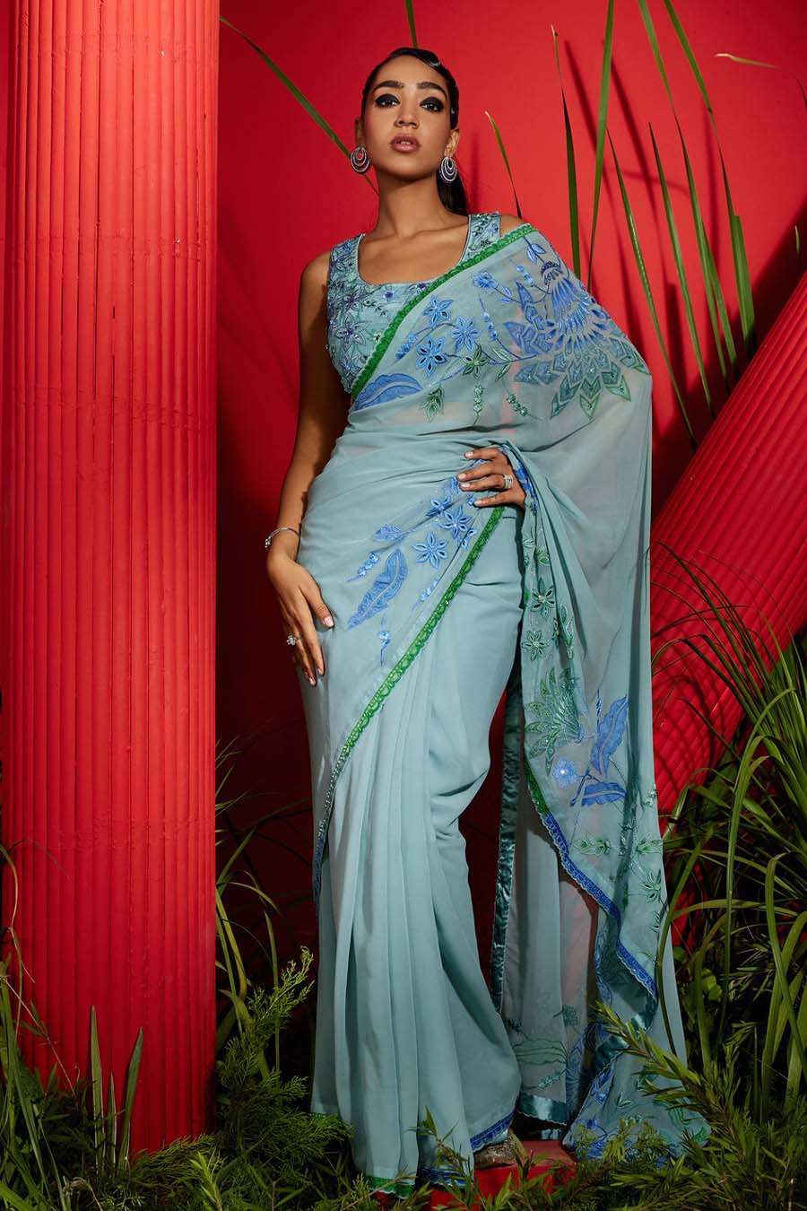 Mint silk georgette embroidered saree set