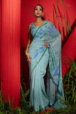 Mint silk georgette embroidered saree set