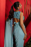 Mint silk georgette embroidered saree set